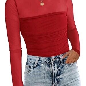 Elegant Red Sheer Long Sleeve Top